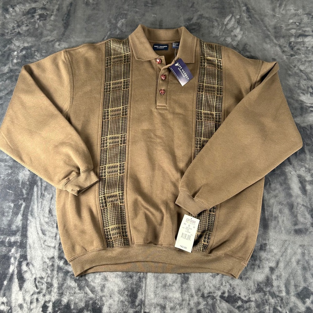 Safe Harbor Polo Sweatshirt Mens XL Brown Plaid Panel Long Sleeve NWT